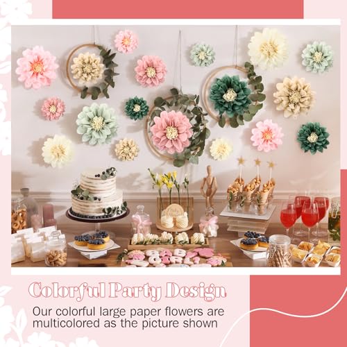 Image of Geyee 18 Pcs Mexican Paper Flowers Colorful Fiesta Tissue Paper Flowers Pom Poms Mexican Carnival for Floral Party Backdrop Wedding Birthday Party Craft (Sage Pink Series,6 inch 8 inch 10 inch)