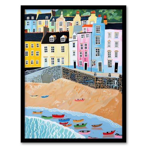 Artery8 Tenby Beach Harbour Colourful Coastal Townscape Living Room Artwork Framed Wall Art Print 18X24 Inch