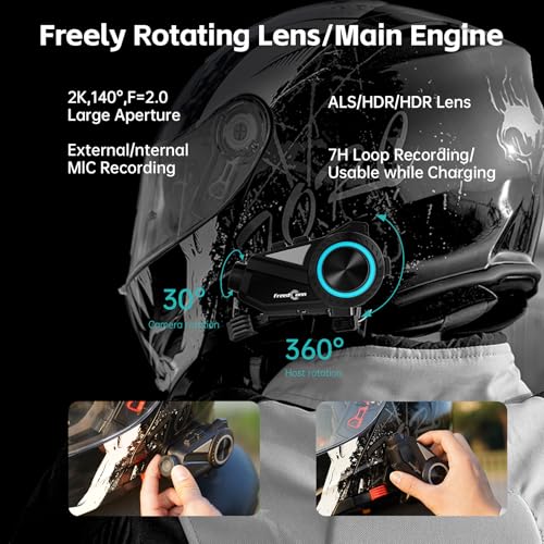 Image of FreedConn Motorcycle Bluetooth Headset with Camera 2K Hi-Res 360Shooting 6 Riders 1500M Bluetooth Intercom Motorcycle Camera IP65 128G TF
