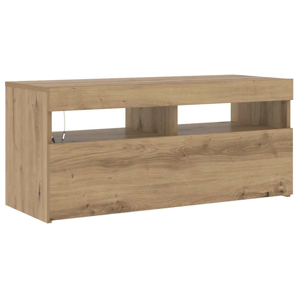 Szafka pod TV z oświetleniem LED RGB, dąb artisan, 90x35x40 cm, meble RTV z szufladą i półkami, nowoczesna komoda do salonu z regulacją kolorów, solidna i pojemna