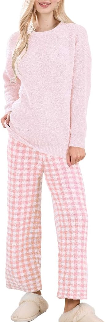 codcm Womens 2 Piece Fuzzy Fleece Pajama Set Long Sleeve Sweater Top Wide Leg Plaid Capri Pants Matching Lounge Sets