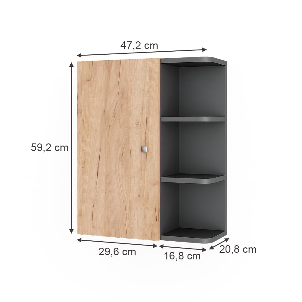Vicco Armoire Suspendue Fynn, Anthracite/chêne doré, 47.2x59.2cm, pour Montage Mural avec étagères Ouvertes