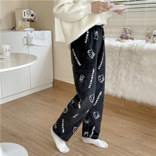 Image of BIUGNVW Anime Pajamas Pants Women Cartoon Family Christmas Pajama Pants Kawaii Flannel Pajama Pants Black and Pink