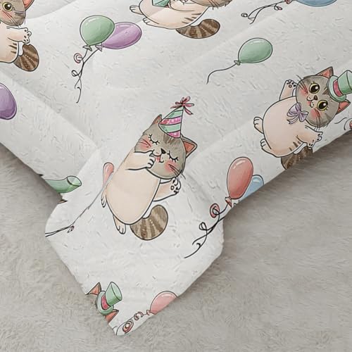 Image of AILONEN Cute Party Cat Comforter Twin Size 3 Piece Cartoon Kitten Balloon Bedding White Animal Quilt Girls Kids Dorm Room Decor Lightweight Soft Breathable Microfiber Cover