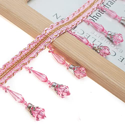 Yalulu 4 Yards Beading Fringe Tassel Trimming Long Beads Tassel Fringe Trim Curtain Trim Ribbon for Cover Decorative Curtain Tape (Pink)
