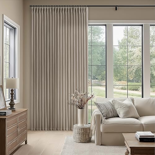 Image of Extra Wide Taupe Pinch Pleated Semi Sheer Linen Curtains for Sliding Door