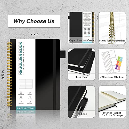 Regolden-Book Spiral Ruled Notebook, Ruled Lined Hardcover Journal For Note Taking, 100Gsm Thick Paper With Pocket For Men & Women School/College/Work/Office, 160 Pages, 5.5X8.5, (Black) #TOP3