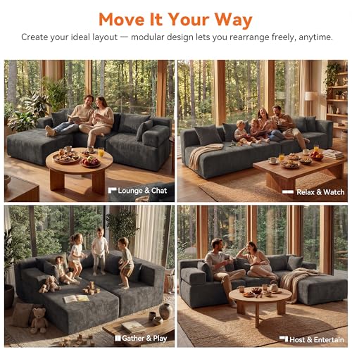 Image of MONVANE 106 inch Cloud Sectional Couch with L Shaped Chaise, Modular Sectional Sofa with Removable Armrests, Comfy Chenille Boneless Couches for Living Room, No Assembly Required, Grey