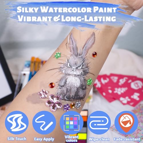 Face Painting Kit for Kids, 54 Color Professional Face Painting Kits with 10 Brushes and Stencils，Water Based Non Toxic Face Paint for Kids