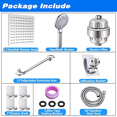 Upgraded 12" Rain Shower Head With Handheld Spray Combo High Pressure Rainfall Shower Head With 12" Extension Arm Free Shower Filter For Hard Water & Chlorine + Hose & 4 Hooks, Square Dual Shower Head #TOP6