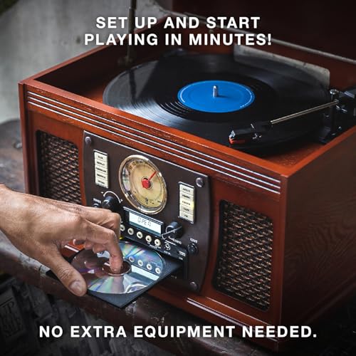 Image of Victrola Navigator - 8-in-1 Bluetooth Record Player - Oak | Real wood cabinet plays vinyl, CD, cassette, FM radio, USB and aux, built-in speakers, remote control included