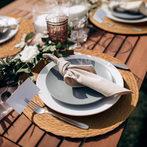 Image of 13 in Round Woven Boho Placemats Set of 8, Wicker Rattan Place Mats Chargers for Dinner Plates, Farmhouse Rustic Table Mats for Dining Table Decor