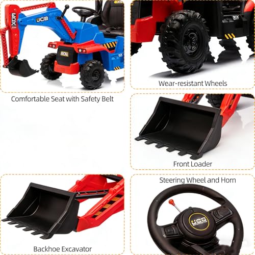 Image of 12V Ride on Excavator with Trailer & Front Loader Outdoor Gift for Boys Girls with 4-in-1 Construction Attachments (Excavator, Dump Truck Bulldozer), Tractor Remote Control Red