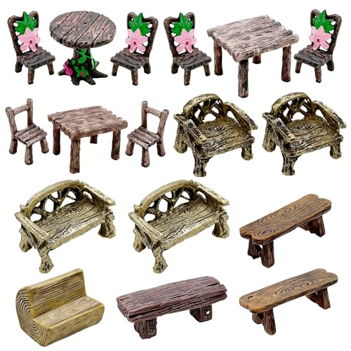 Cayway 17 PCS Miniature Garden Ornaments, Miniature Garden Table and Chairs Set, Fairy Garden Ornaments for Garden Home Micro Landscape Decoration