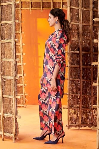 Nainvish Women's Blue & Rose Red Floral Printed Straight Cotton Blend V-Neck Co-Ord Set (Sd668_Kb-Xxl)