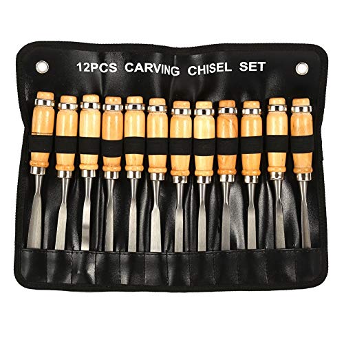 KSTE Jeu de Burins à Main pour la Sculpture sur Bois 12PCS - Outils à Bois Professionnels avec Sac de Rangement Portable pour Débutants