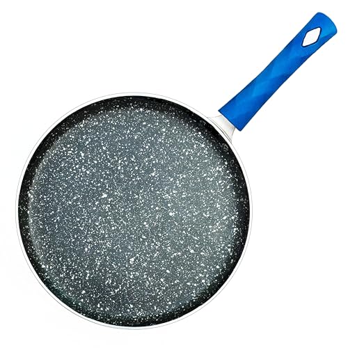 Kreme Aluminium Non-Stick Dosa Tawa | Granite Finish | Gas and Induction Compatible | PFOA Free | High Temperature Resistant Exterior Coating | Sturdy Soft Touch Handle | ISI Certified | 28 Cm | Blue