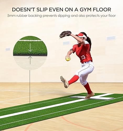 Softball Pitching Mat with Rubber 10x3 ft Softball Pitching Mound with Antifade Turf and Antislip Foam Backing Fastpitch Equipment for Softball and Baseball Pitchers Practice (Green) - Thumbnail 3
