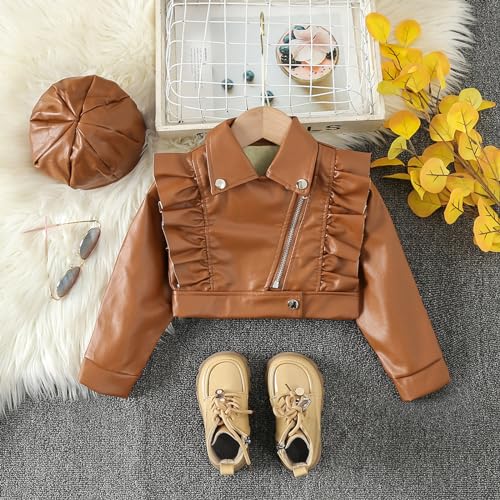 Toddler Girls Faux Leather Motorcycle Jacket Cute Ruffle Spring Fall PU Coat and Hat 2 to 7 Years Top Runaways Coffee3
