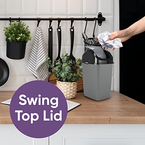 Image of Superio Mini Plastic Trash Can with Swing Top Lid 1.25 Gallon Compact Small Waste Bin Portable Garbage Can for Countertop, Desktop, Make up Vanity, Bathroom, Car, Under Sink, Dorm 5 Qt. (Grey /Black