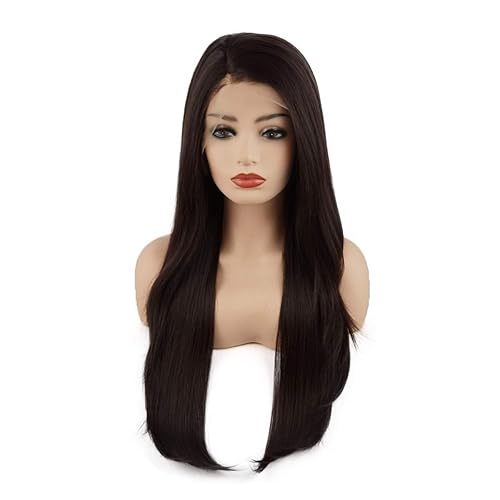 Miniatura 3 de Meiyite Peluca de cabello liso largo de 24 pulgadas, castaño oscuro, densidad pesada, realista, resistente al calor, sintético con encaje frontal