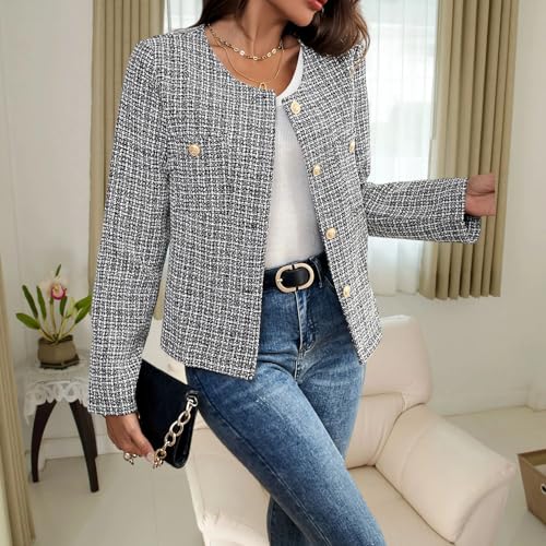 Women's Tweed Blazer, Long Sleeve Round Neck, Business Casual Coat2