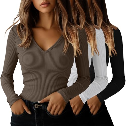 Ficerd 3 Pack Women's Long Sleeve T Shirts Cotton V