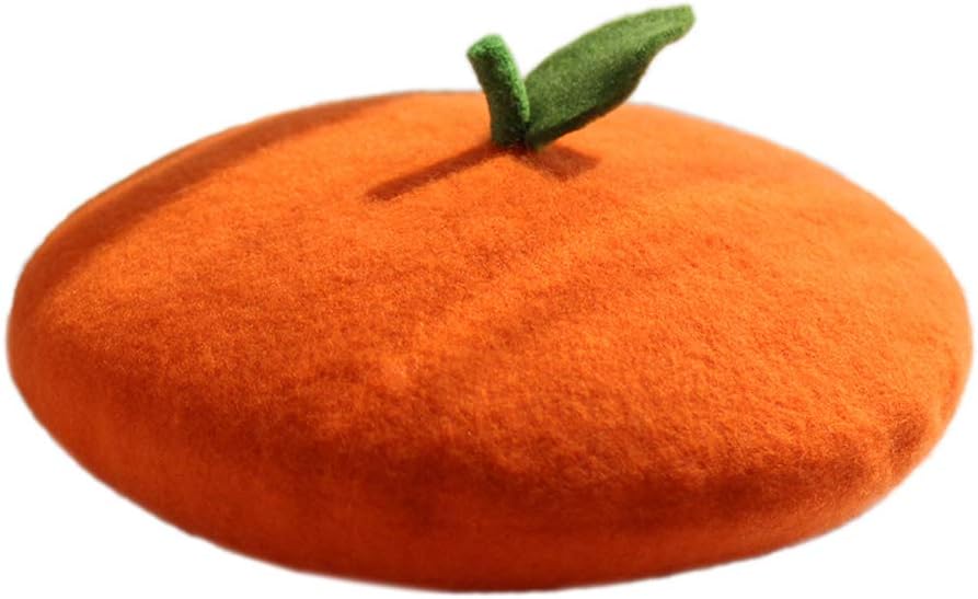Women Cute Fruit Beret Girl Fruit Hat Wool Cap with Cute Green Leaves (Orange)