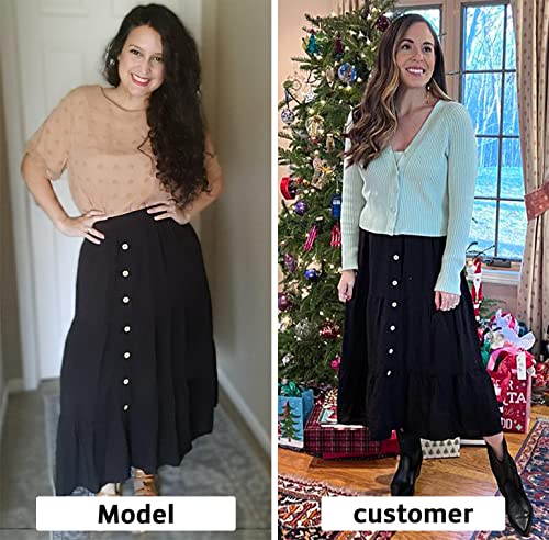 Exlura Women's A-Line High Waisted Midi Skirt - Slit Button Front Tiered Flowy Trendy Long Skirts Black #TOP7