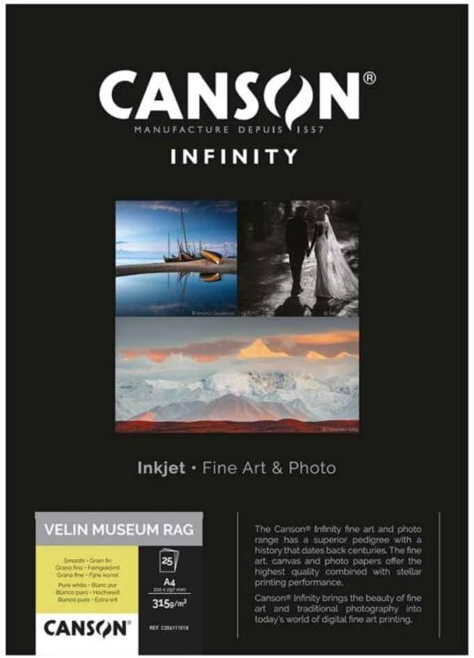 Canson Infinity Velin Museum Rag 315gsm, Natural White Matte Inkjet Paper, A3+, Box of 25 Sheets