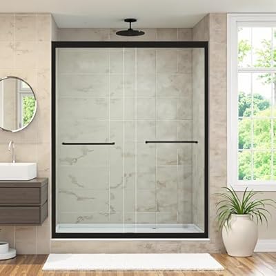 Shower Door 56-60" W x 72" H, Double Sliding Glass Door Bypass, Semi-Frameless Shower Doors with 1/4" (6mm) Thick SGCC Tempered Glass, Stainless Steel Handles, Matte Black