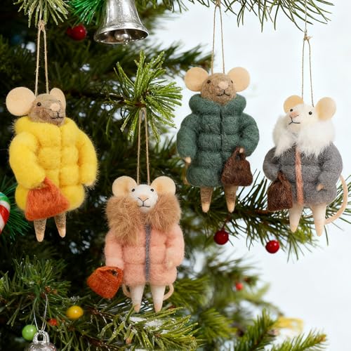 Set of 4 Christmas Felt Mice Ornaments, 4.7" Mini Hanging