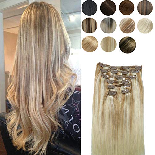 Clip In Human Hair Extensions Honey Brown mix with Bleach Blonde New Version Thickened Double Weft 10A Brazilian Hair 22in 120g 7pcs Full Head Silky Straight 100% Human Hair Clip In Extensions