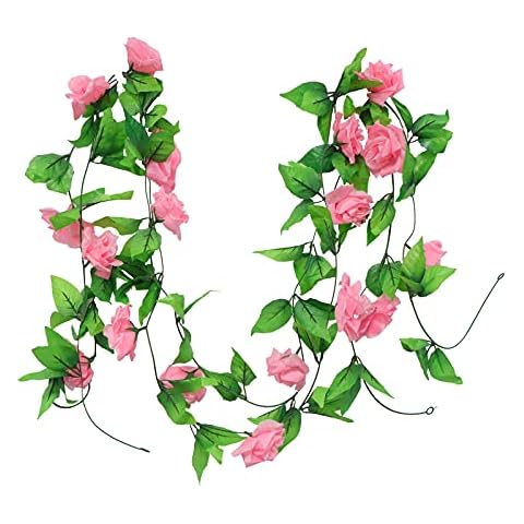 Artificial Fake Rose Garland Vines, Artificial Leaves Flower Garlands with 9 False Silk Rose Flower Decoration, Suitable for Wedding Party Garden Wall Indoor Outdoor Decoration 2PCS 8FT (Deep Pink) Cover