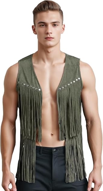 Mens Cowboy Costume Sleeveless Fringe Waistcoat Hem Party Club Jacket Cardigan Western Cowboy Vest