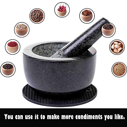 Mortar and Pestle Set Natural Granite Guacamole Molcajete Bowl for Kitchen Herbs Pestos and Spices Grinder Include Non-Slip Silicone Mat Spoon Brush(14x8cm, Polished) - Thumbnail 5