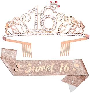 Aster Sweet 16 Tiara and Sash for Girls, Birthday Rhinestone Crown 16 & Decorative Satin Sash, Sweet 16 Years Birthday Gifts for Girls Happy 16th Birthday Party Favor Supplies