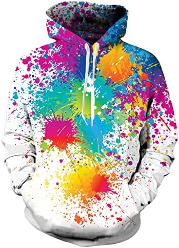 RAISEVERN Men and Women Novelty Fleece Hoodies Rainbow Paint Tie Dye Printed Pullover Athletic Sweaters Long Sleeve Oversized Fleece Hooded Sweatshirts