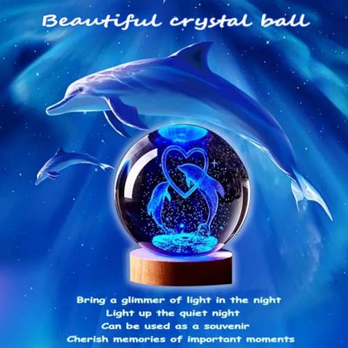 Image of 3D Crystal Ball Lamp with 16 Colors Changing LED Wooden Base - Solar System Night Light, Galaxy Lamps, Galaxy Crystal Ball Light with USB (16 Color Dolphin Love)