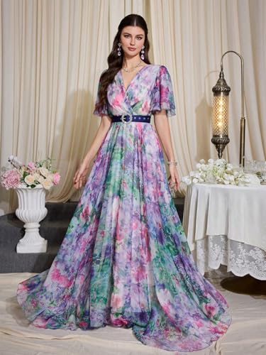 Image of TOLEEN Summer Casual Dresses for Women 2024 Spring Fashion Boho V Neck Long Sleeve Ruffle Floral Print Elegant Maxi Dress