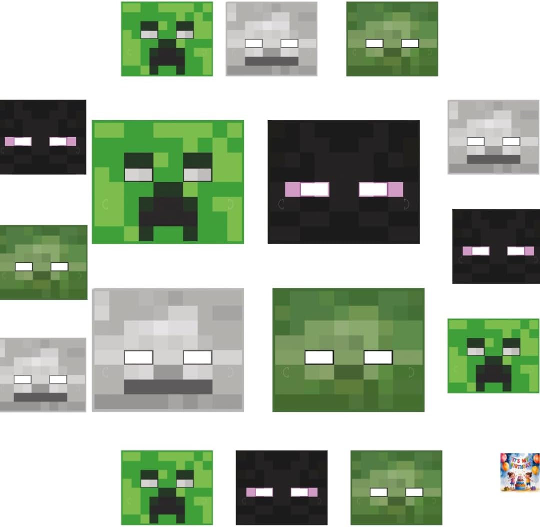 Unique Minecraft Party Masks, Creeper, Enderman, Zombie, Skeleton Characters, 16 Count Pack for Kids Birthday Celebrations and Gaming Party