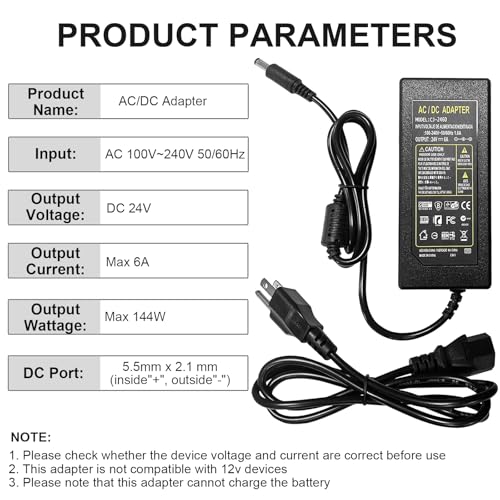 Image of 24V 6A 144W AC Power Supply Adapter, 100-240V AC to DC, 5.5mm x 2.1mm DC Plug, for LED Strip Lights, CCTV Cameras, Other 24V Devices