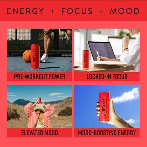 Image of Odyssey Functional Energy Drink, Strawberry Watermelon, 222mg Green Tea Caffeine, Clean Energy & Focus, Low Calorie, No Added Sugar, No Crash, Lion's Mane & Cordyceps, 12 Pack 12 Fl Oz