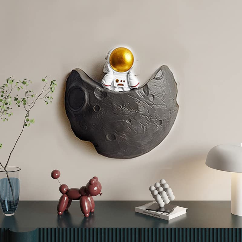 Image of BYVUTE Astronaut Wall Decoration Figurine, Wall-mounted Resin Astronaut Wall Sculpture with Hanging Spaceman Planet Moon for Living Room Kid's Space Themed Room Hanging Gifts (White 1)