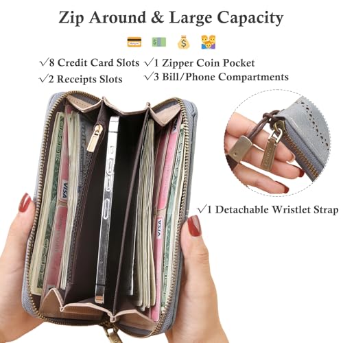 Womens Wallet RFID Blocking Zip Around Ladies Clutch Wristlet Long Purse Large Capacity Card Holder3