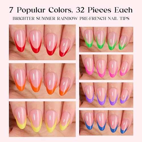 Image of Beetles Summer Press On Nails 224 Pcs 7 Colors, French Tip Nails Short Almond Classic Fake Nail Tips, Rainbow Soft Gel Nails False Nails Art DIY For Women