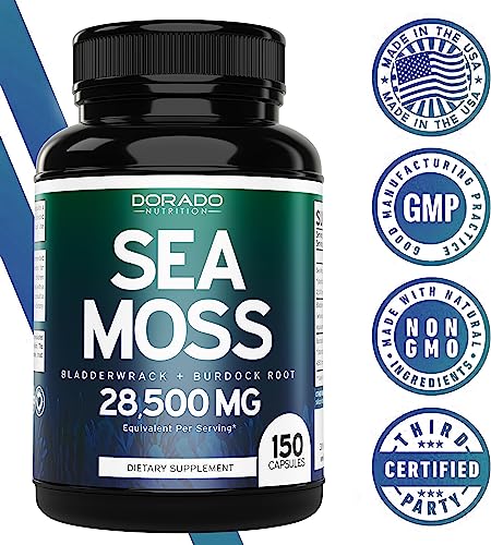 Irish Sea Moss Capsules 28,500mg (150 Capsules) with Bladderwrack & Burdock Root - Raw Seamoss Pills for Thyroid, Energy, & Immune Support - Third Party Tested, No Fillers, Vegan Safe, Made in USA