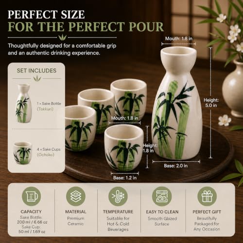 Image of Melbify Japanese Ceramic Sake Set - 5 Piece Bamboo Design Porcelain Sake Set with 1 Sake Bottle (Tokkuri) & 4 Sake Cups | Japanese Wine Set for Drinks, Shochu & Home Bar | House Warming | Gift Set