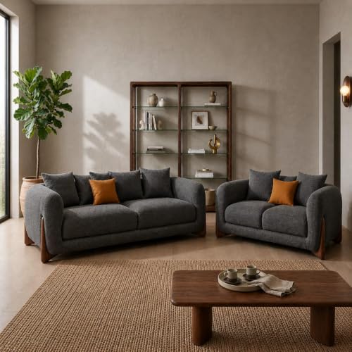 Image of Modern Sofa, Teddy Fabric, Chesterfield Style, Wooden Legs, for Living Room, Bedroom, Hallways (3+2 Seater, Dark Grey)