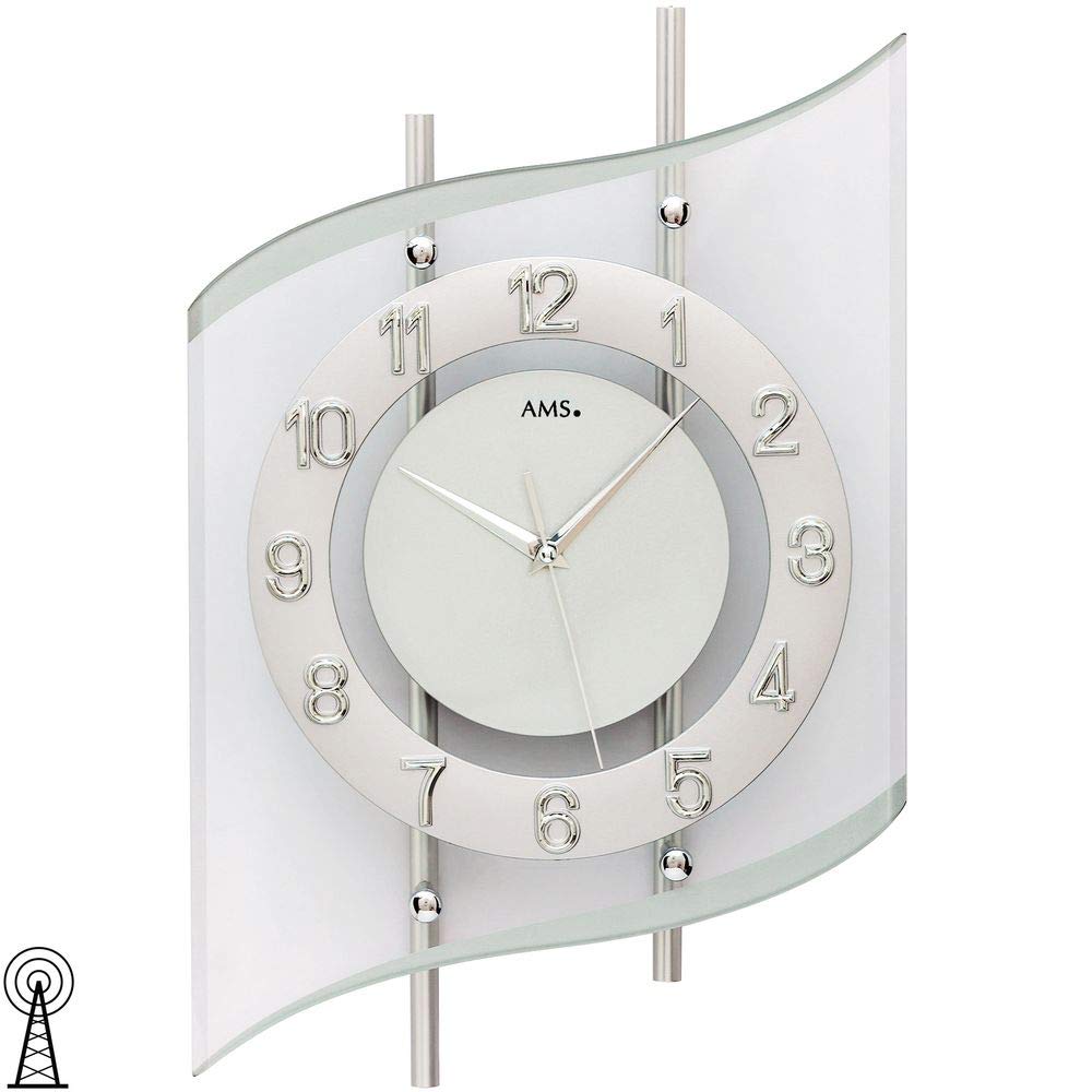 AMS 5506 Wanduhr Funk Funkwanduhr Analog Silbern Modern geschwungen mit Glas